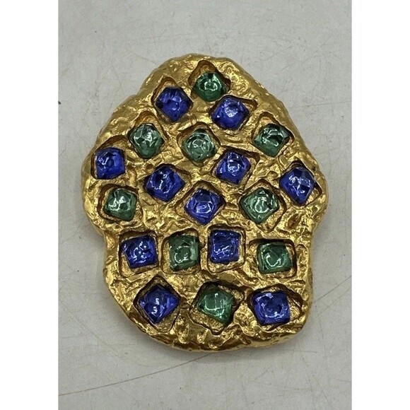 Vintage Reny Dis Paris Brooch Pin Gold Blue Green Large Gorgeous - Picture 1 of 12